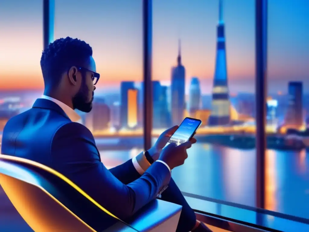 Persona usando app de inversión en smartphone Herramientas móviles para inversiones en una imagen moderna y vibrante de una persona usando una app de inversión en un smartphone