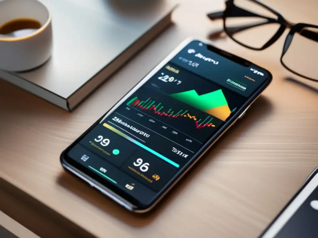 Smartphone con app de inversión Herramientas móviles para inversiones: smartphone elegante muestra app de inversiones con gráficos, datos financieros y diseño profesional