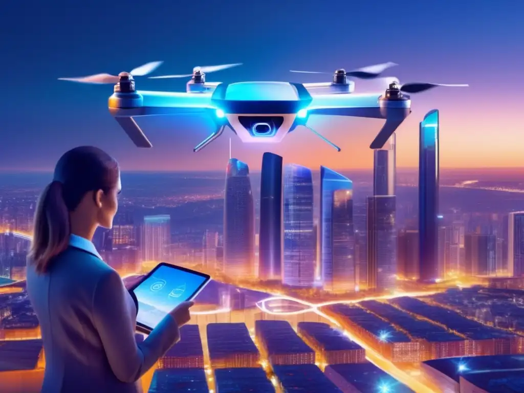 Ciudad futurista con IA, drones y blockchain Herramientas tecnológicas en el flipping inmobiliario con IA, drones y blockchain