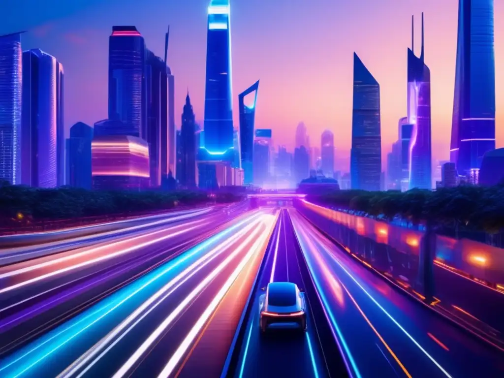 Ciudad moderna iluminada con rascacielos futuristas Historia del venture capital en una ciudad moderna iluminada por luces vibrantes, con rascacielos futuristas y vehículos eléctricos