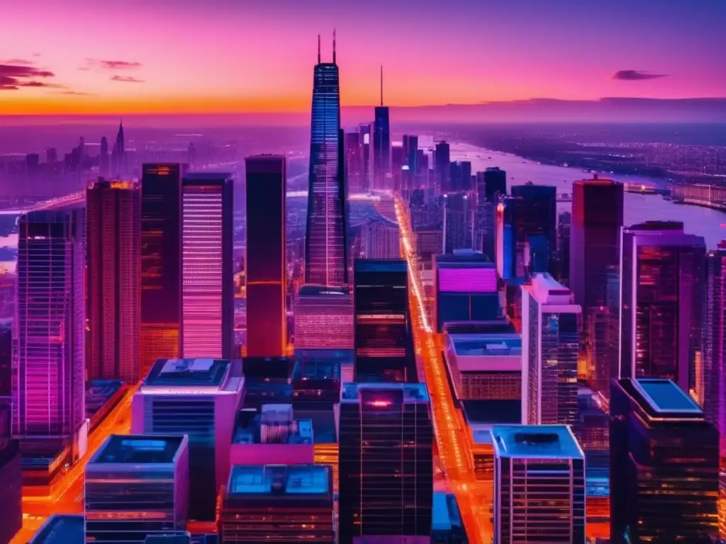 Horizonte urbano moderno al atardecer Historia del venture capital en una impresionante imagen de una moderna ciudad al atardecer, con rascacielos iluminados por luces vibrantes