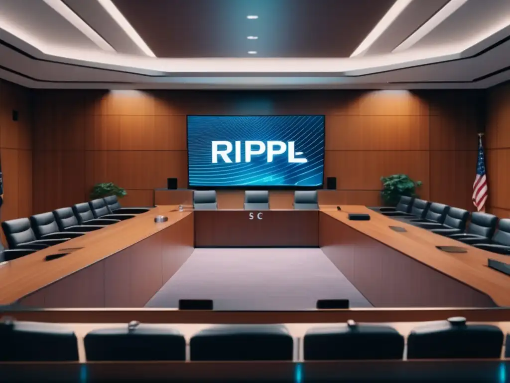Batalla legal Ripple vs Historia Ripple y Controversia SEC: Batalla legal en un tribunal con estética moderna, abogados apasionados, juez determinado y gráficos financieros