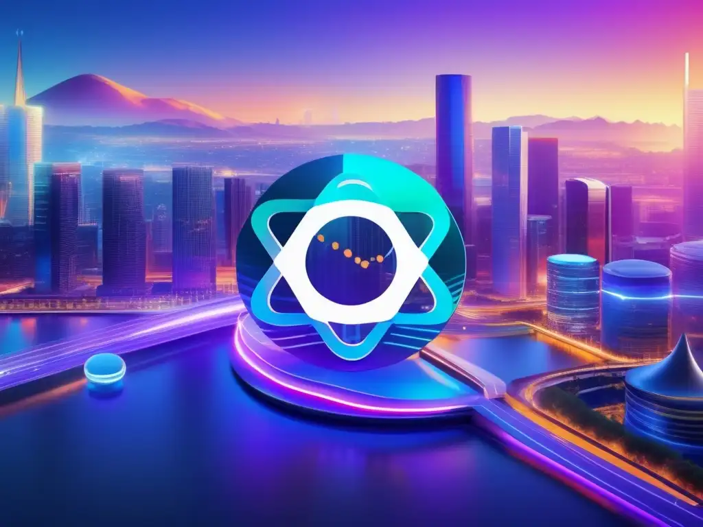 Evolución de Ripple: Futurista ciudad con logo y tecnología innovadora Historia Ripple y Controversia SEC: Evolución visual futurista de Ripple, mostrando una ciudad avanzada y el flujo de transacciones digitales