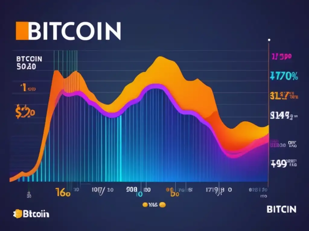 La evolución de Bitcoin: De lo pequeño a lo grande Historia y crecimiento del Bitcoin: gráfico impactante que muestra la evolución y volatilidad del valor de Bitcoin en un paisaje digital futurista
