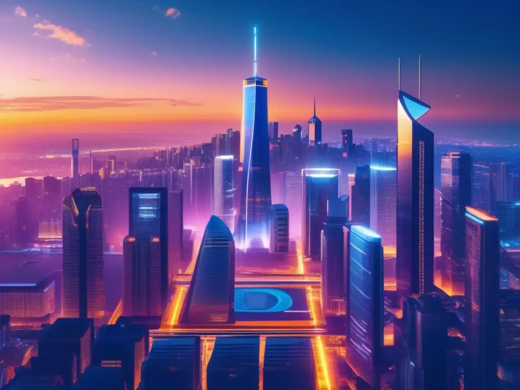 Futuro de Bitcoin: Ciudad futurista con rascacielos y símbolos de Bitcoin Historia y crecimiento del Bitcoin en una imagen impactante de una ciudad futurista iluminada con símbolos de Bitcoin