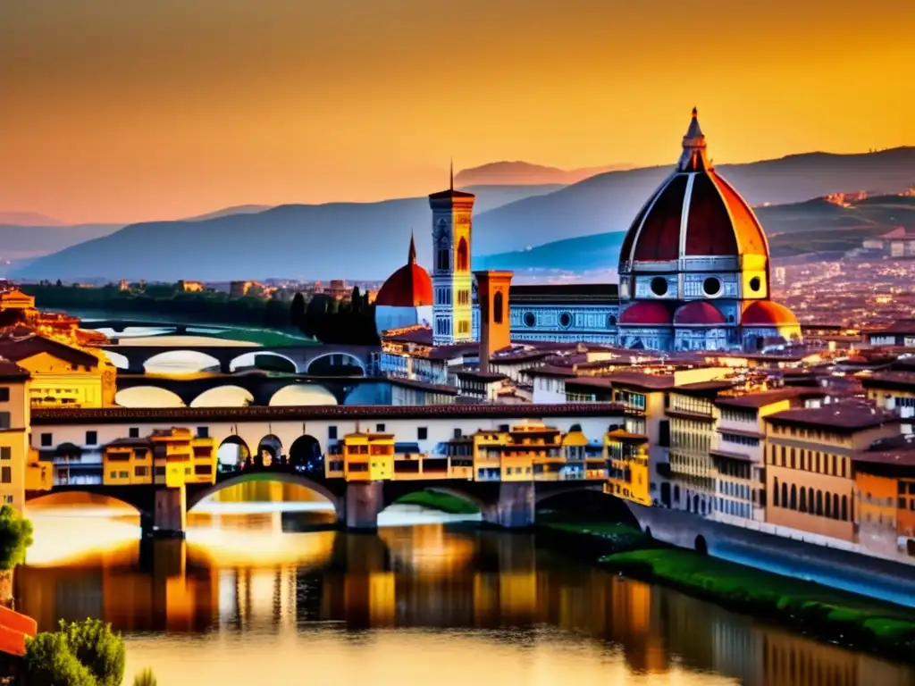 Palacio Medici: Majestuosidad de Florencia Historia de las finanzas Medici: Imagen impresionante de Florencia con el Palacio Medici y un hermoso atardecer