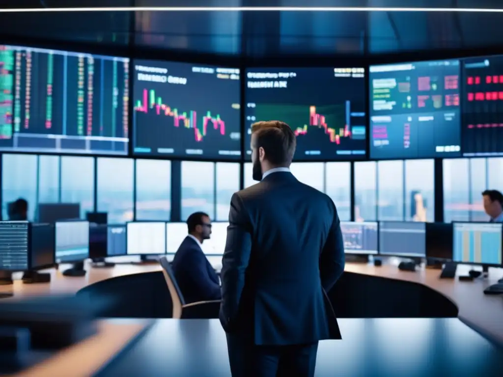 Traders en una sala de trading moderna Historia análisis técnico bolsa: trading moderno con pantallas, traders analizando datos y tomando decisiones estratégicas
