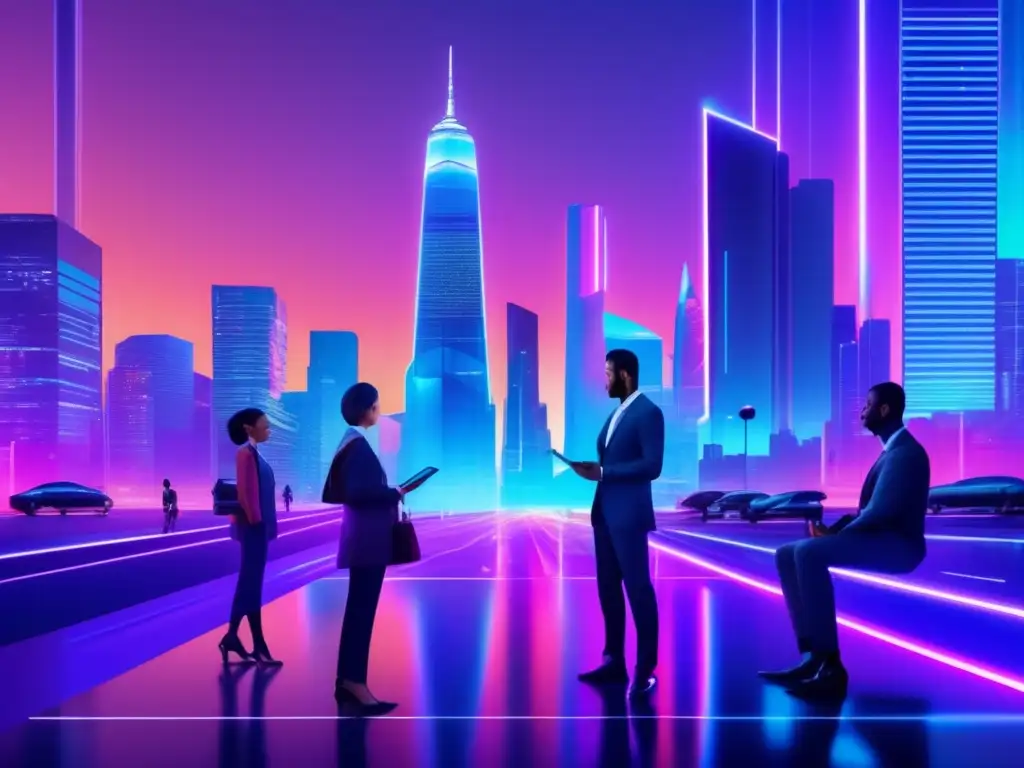 Futuro de las finanzas: Integración tecnológica Historia de la tecnología financiera en una ciudad futurista con rascacielos holográficos, luces neón y profesionales usando dispositivos avanzados