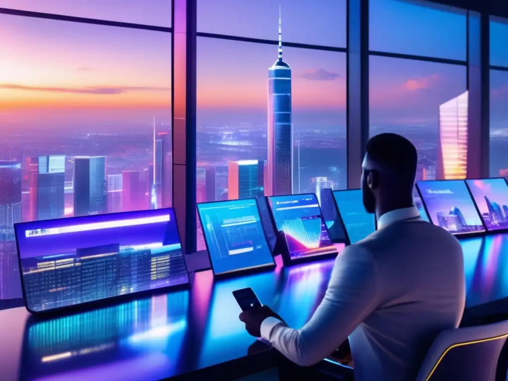 Ciudad futurista con rascacielos e innovadora tecnología Historia tecnología financiera en ciudad futurista con rascacielos, arquitectura moderna y vibrantes luces