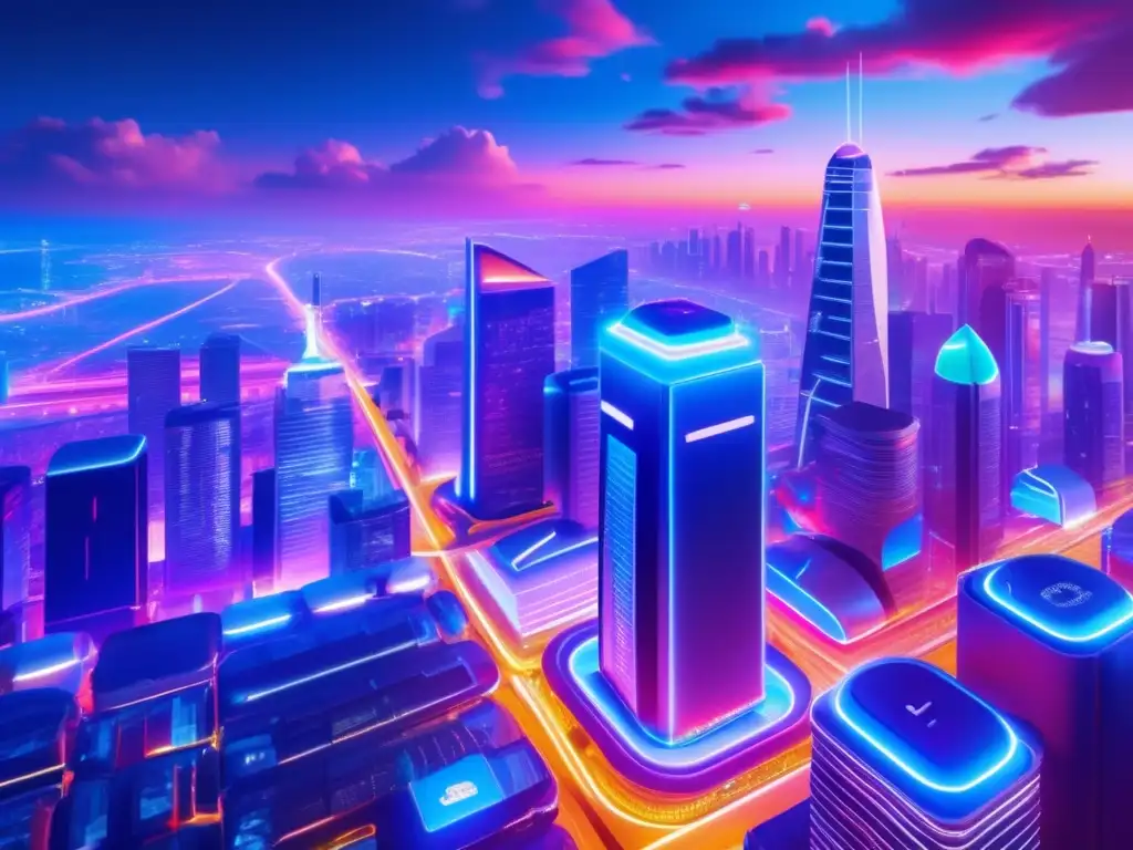 Cityscape futurista iluminada con luces de neón vibrantes Historia de la tecnología financiera: Ciudad futurista con iconos fintech y luces neón