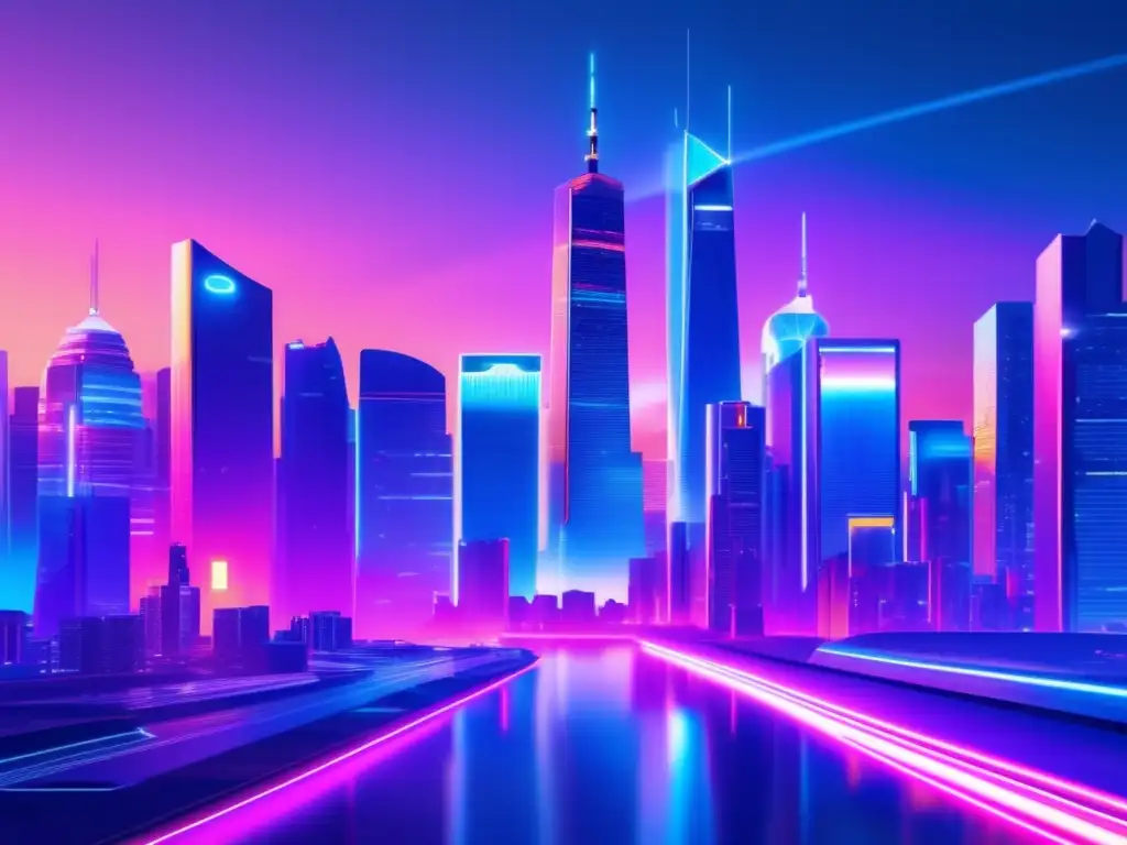 Futurista ciudad financiera con rascacielos modernos Historia de la tecnología financiera en una ciudad futurista con rascacielos, profesionales y tecnología innovadora