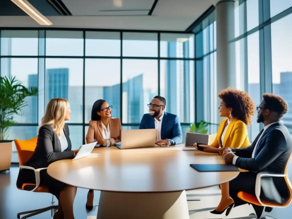 Emprendedores diversos discutiendo proyectos Historias inspiradoras microfinanciamiento: Emprendedores diversos comparten ideas y estrategias en una oficina moderna llena de luz natural