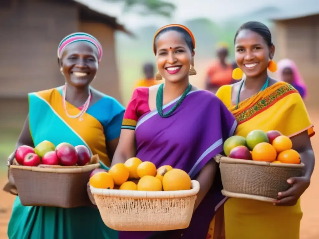 Empoderamiento a través de microfinanzas Historias inspiradoras microfinanciamiento: Mujeres diversas sonrientes con artículos de negocios, en un mercado vibrante y soleado