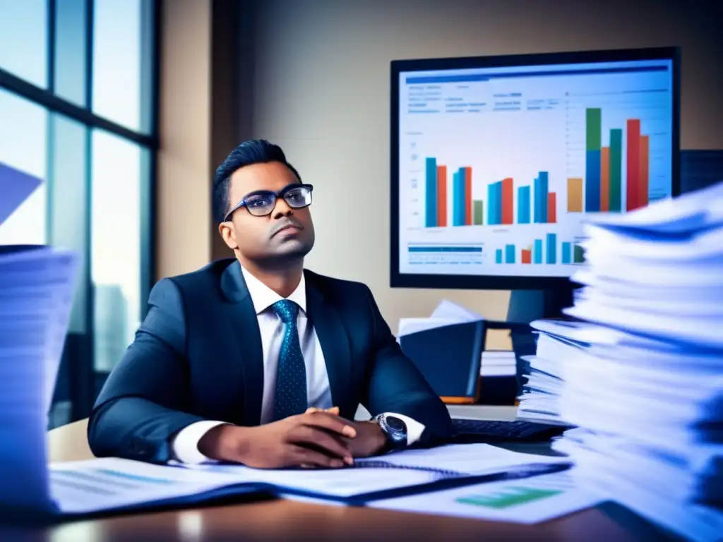 Hombre de negocios analizando informes financieros Hombre de negocios analizando balances e inversiones en una oficina moderna con vista panorámica de la ciudad