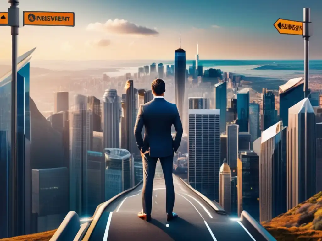 Empresario exitoso con vista panorámica de la ciudad Hombre de negocios en la cima de una montaña, con paisaje urbano de rascacielos y vida citadina