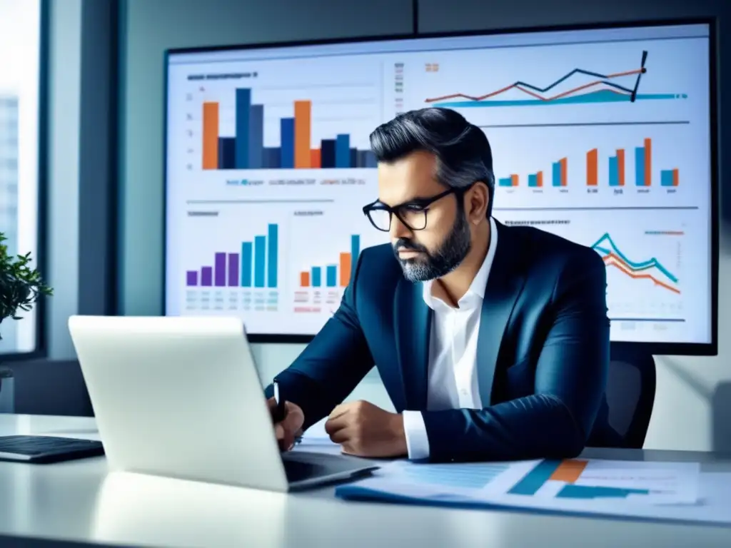 Empresario analizando datos financieros Hombre de negocios analizando datos financieros en una oficina moderna