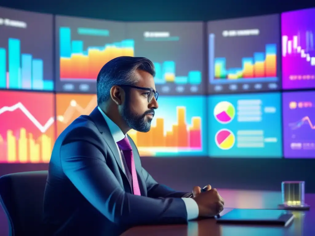 Experto analizando gráficos de inversión Hombre de negocios analizando datos de inversión en holograma