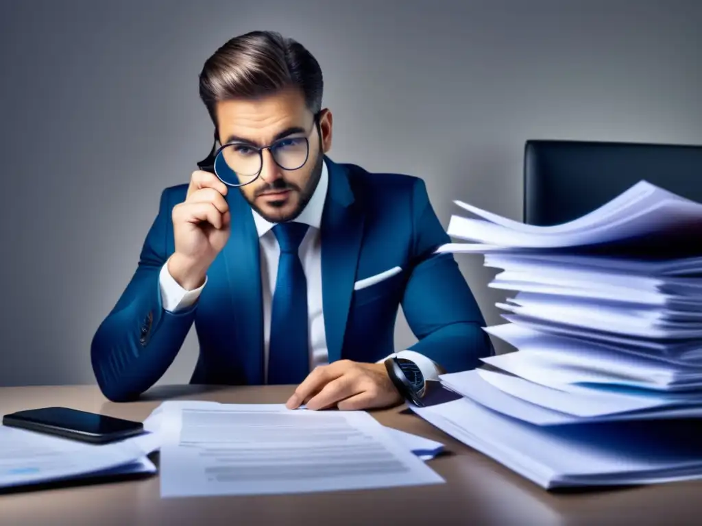 Examinando costos ocultos Hombre de negocios examinando documentos en un escritorio moderno, revelando costos ocultos de plataformas tradicionales