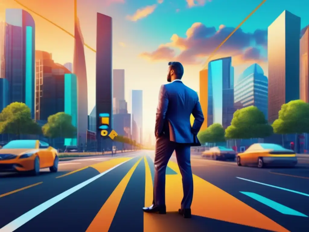 Hombre de negocios en encrucijada: activo vs pasivo Hombre de negocios en encrucijada, cambio de inversión pasiva a activa, ciudad y campo representan opciones, colores vibrantes