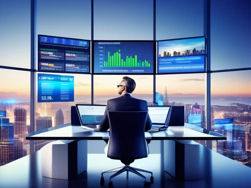 Empresario enfocado en finanzas Hombre de negocios enfocado en pantallas con datos financieros y noticias - Resiliencia financiera noticias inversor