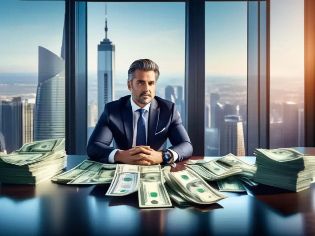 Empresario confiado rodeado de dinero y gráficos financieros Hombre de negocios en un escritorio moderno rodeado de dinero, gráficos y documentos