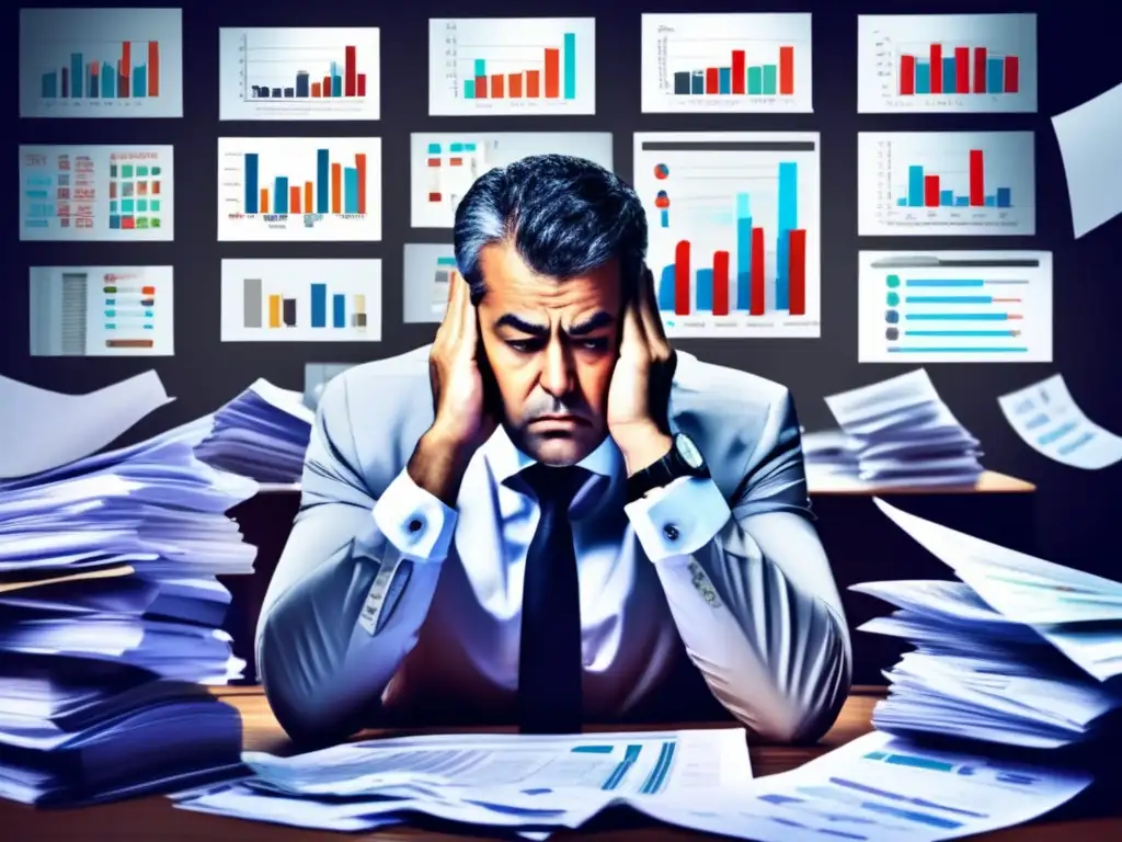 Hombre de negocios estresado en escritorio Hombre de negocios estresado en su escritorio con gráficos financieros - Parálisis por análisis en inversiones