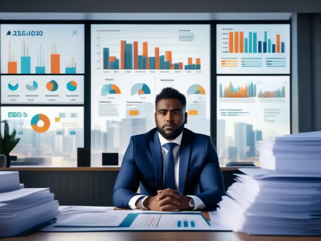 Hombre de negocios estresado rodeado de papeleo Hombre de negocios estresado rodeado de papeleo y gráficos financieros, en una oficina moderna con vista a la ciudad