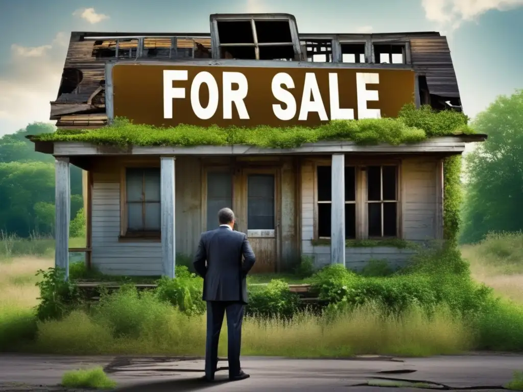 Desafíos en venta de inmuebles Hombre de negocios frente a propiedad abandonada en venta, con signo de