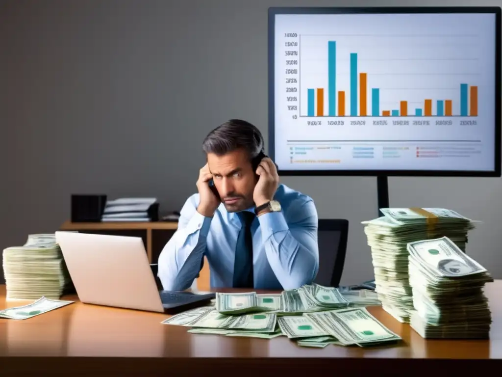 Empresario frustrado frente a gráfica de pérdidas Hombre de negocios frustrado, dinero perdido, oportunidades de inversión fallidas