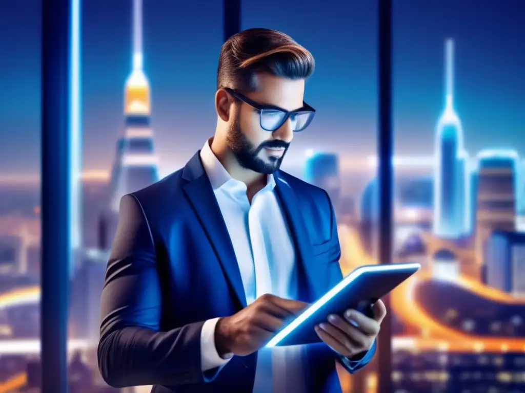 Ejecutivo analiza ciudad futurista en tablet Hombre de negocios analizando gráficos de criptomonedas en una ciudad futurista
