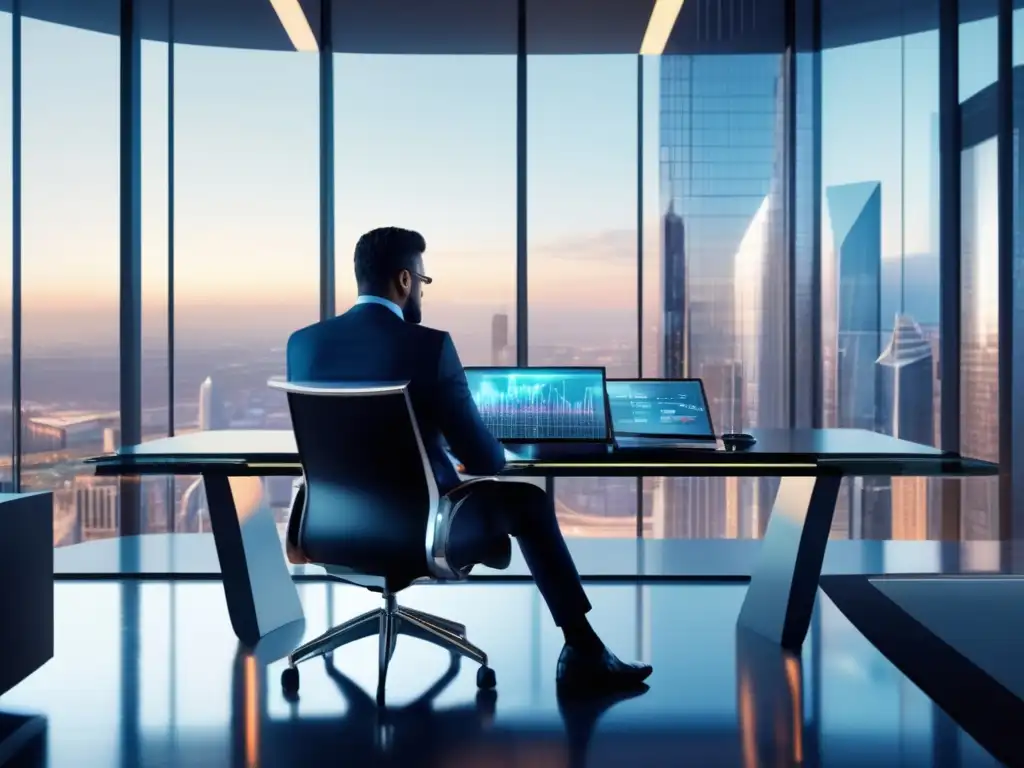 Hombre de negocios en oficina moderna Hombre de negocios analizando gráficos financieros en oficina moderna con vista panorámica - Sobreconfianza en la bolsa de valores