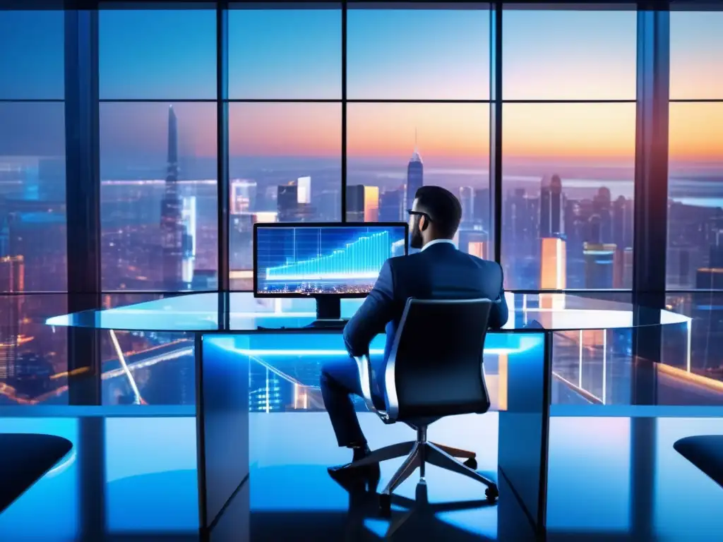Empresario analizando gráficos financieros en oficina moderna Hombre de negocios analiza gráficos financieros en oficina moderna - Falsas conexiones en inversiones