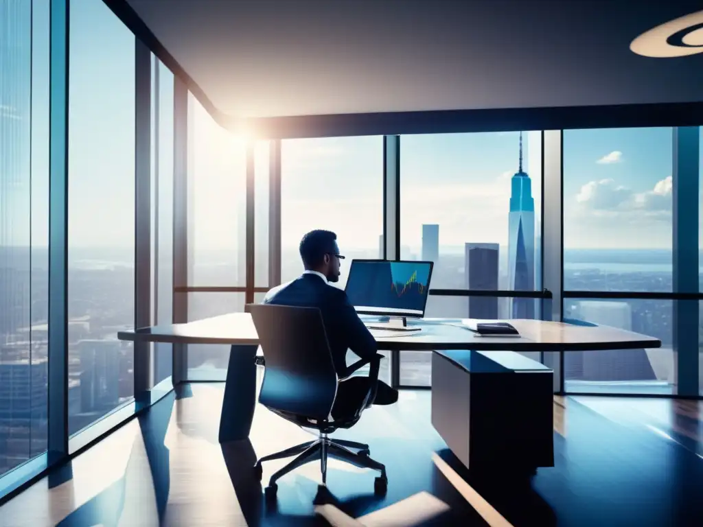 Ejecutivo analizando datos en oficina moderna Hombre de negocios analizando gráficos en oficina moderna - Ajustes de diversificación ante política monetaria