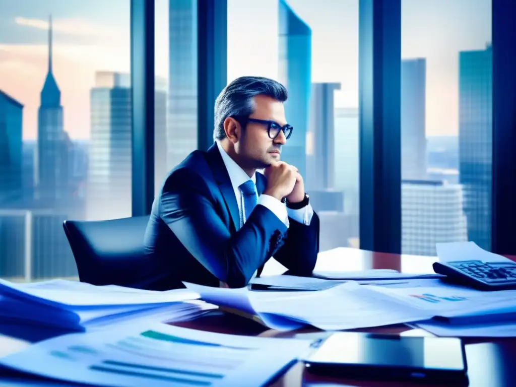 Estrategia de inversión en la ciudad Hombre de negocios analizando informes financieros y gráficos en su escritorio, con vista a la ciudad