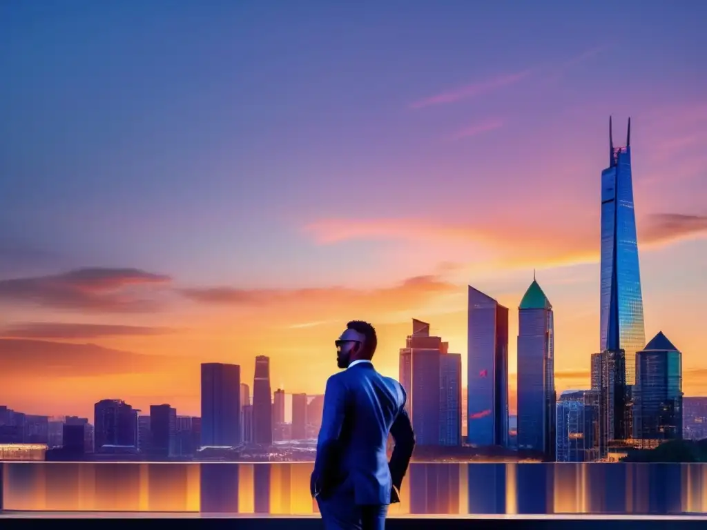 Ciudad moderna al atardecer con rascacielos y empresario Hombre de negocios escalando mercado residencial