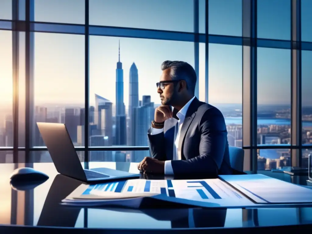 Hombre de negocios reflexivo frente a ciudad Hombre de negocios en moderno escritorio con vista panorámica de la ciudad, reflejando la parálisis por análisis en inversiones