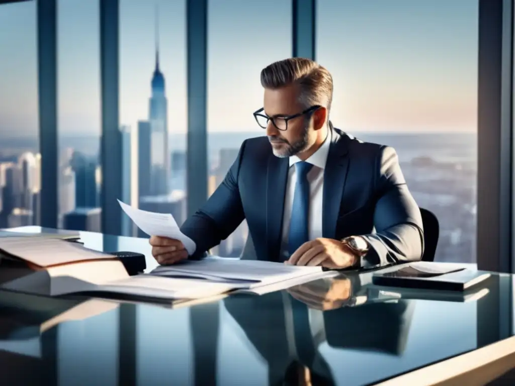 Hombre de negocios en oficina moderna Hombre de negocios en oficina moderna, destacando exenciones fiscales e inversiones