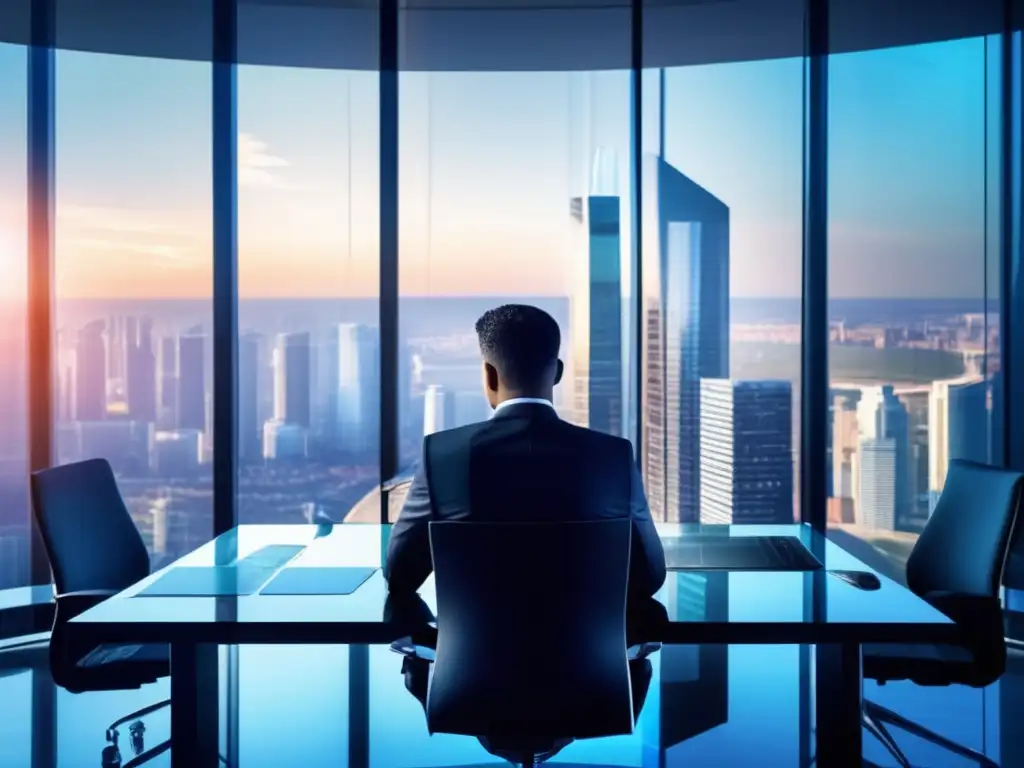Exitoso empresario analizando datos en oficina moderna Hombre de negocios en oficina moderna, analizando gráficos y estrategias de inversión