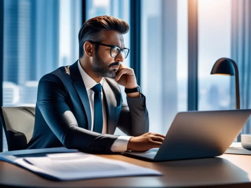 Hombre de negocios reflexivo en oficina moderna Hombre de negocios en oficina moderna, analizando gráficos e informes de inversión