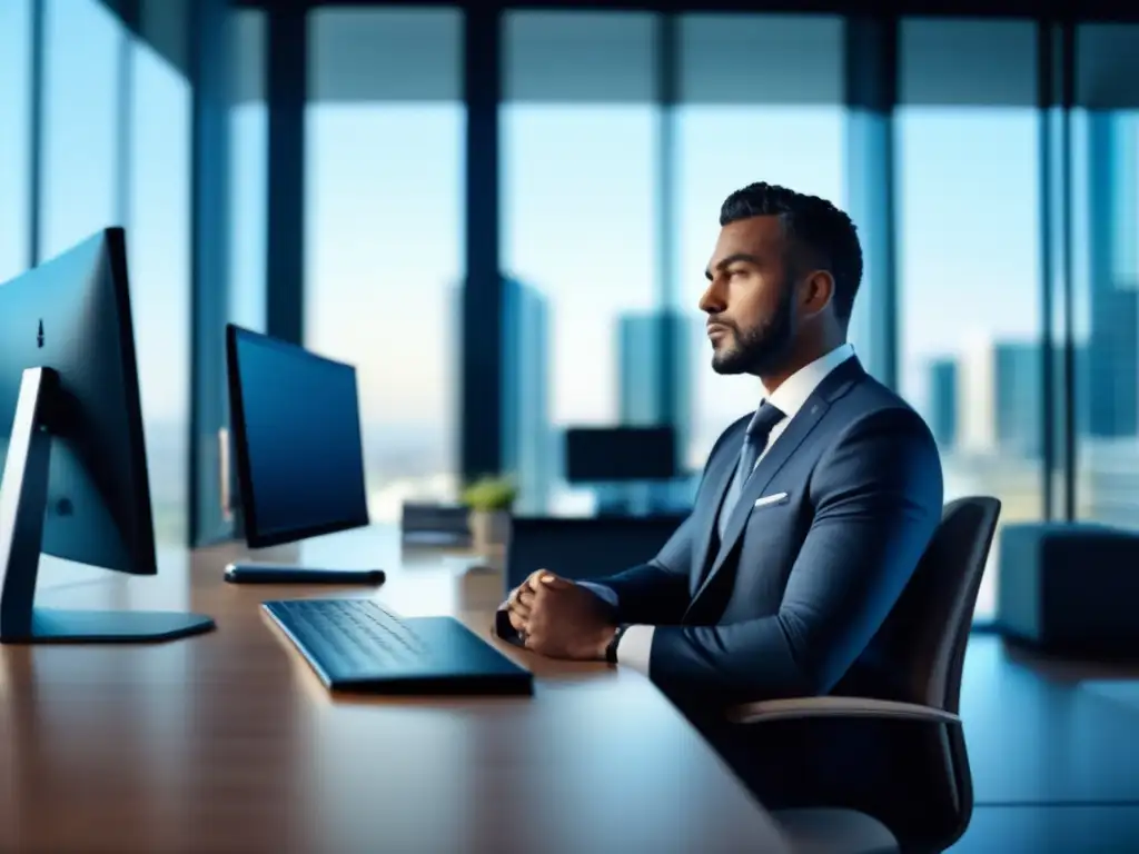 Empresario reflexionando en oficina moderna Hombre de negocios en oficina moderna, reflexionando sobre inversiones - Sesgo de Autoatribución en Inversiones