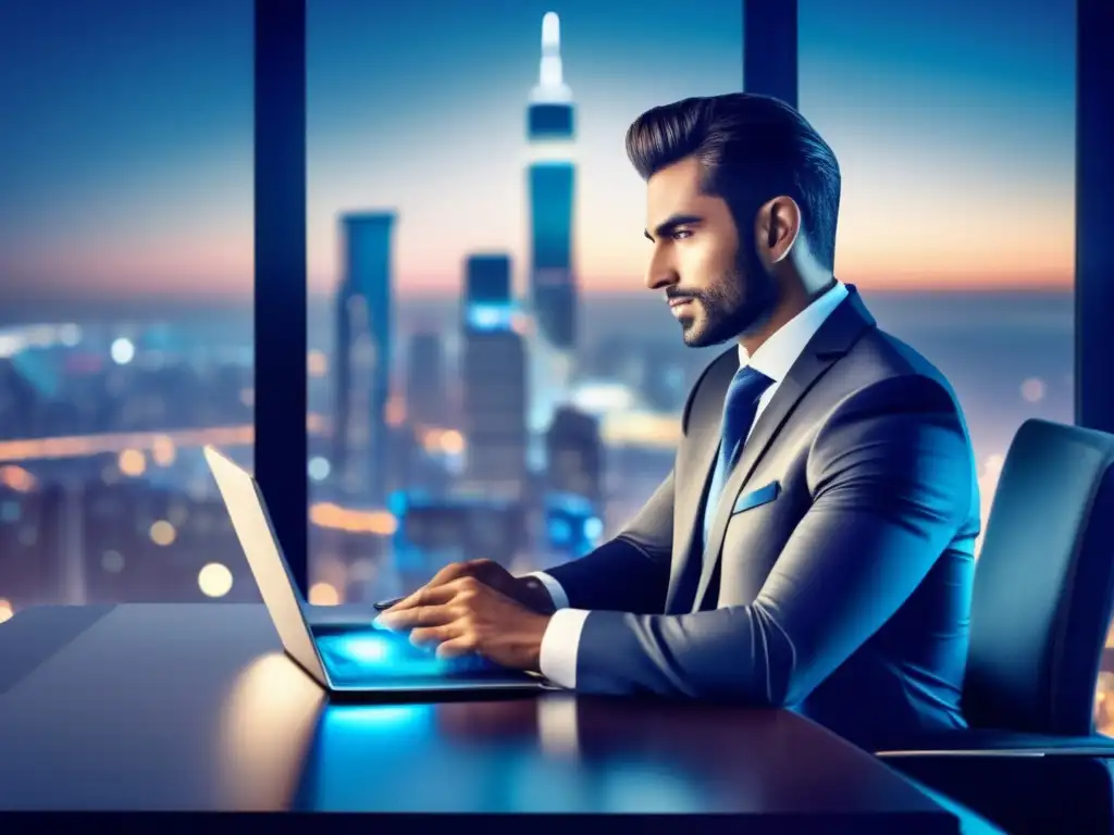 Empresario enfocado y confiado en la ciudad Hombre de negocios en oficina con vista panorámica de la ciudad y tablet - Estrategias emocionales inversión mercado