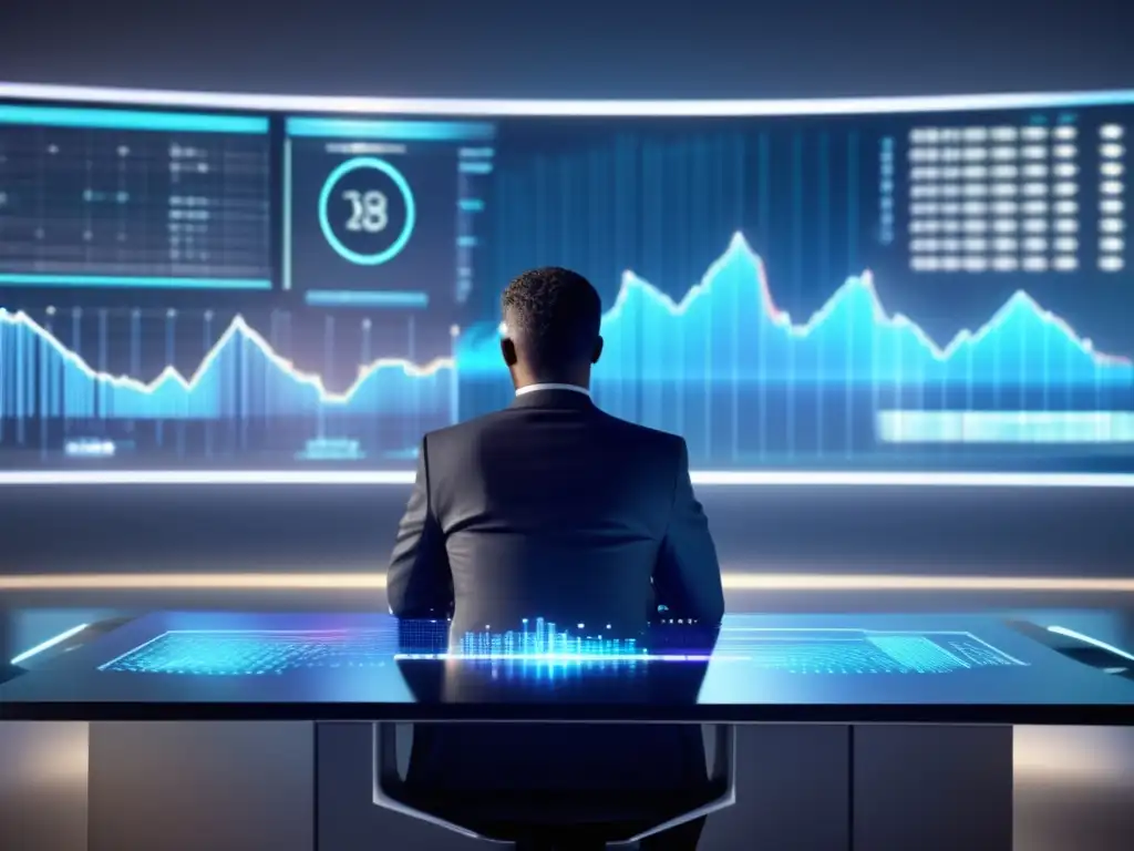 Hombre de negocios en oficina futurista Hombre de negocios pensativo rodeado de patrones engañosos en inversiones