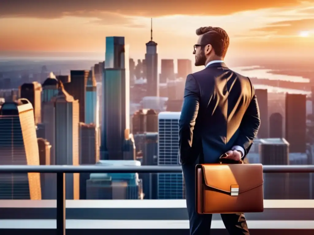 Éxito en la ciudad al atardecer Hombre de negocios en rascacielos, apalancamiento financiero y éxito (110 caracteres)