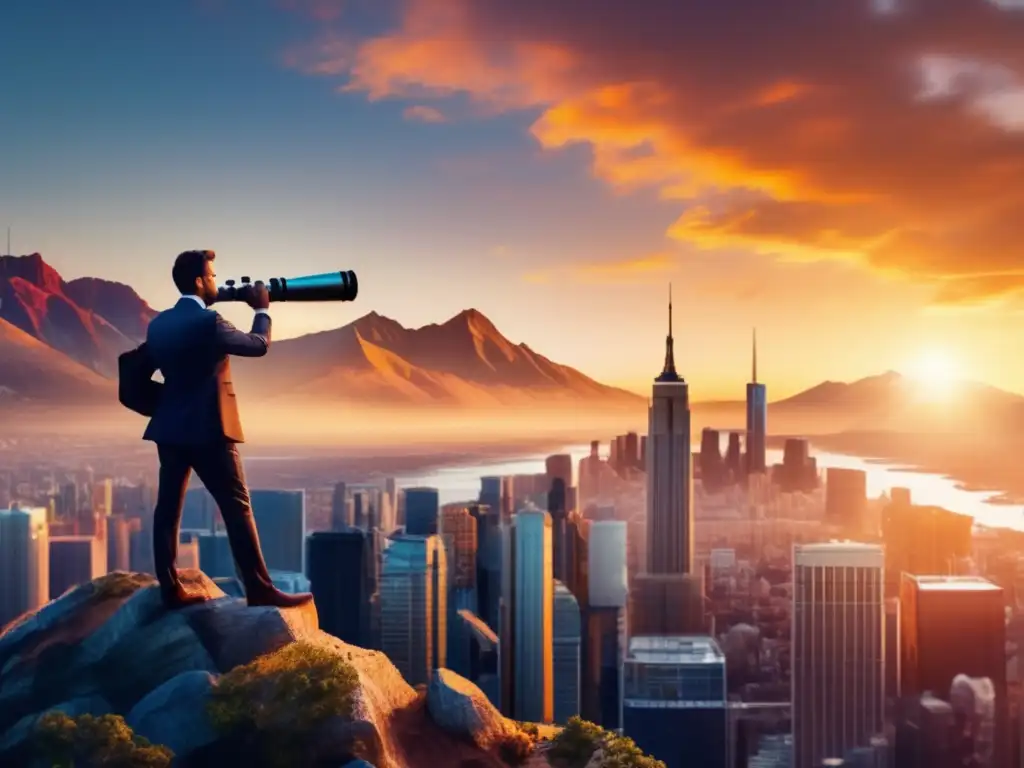 Empresario visionario en paisaje urbano al atardecer Hombre de negocios con telescopio, metas realistas inversiones bolsa