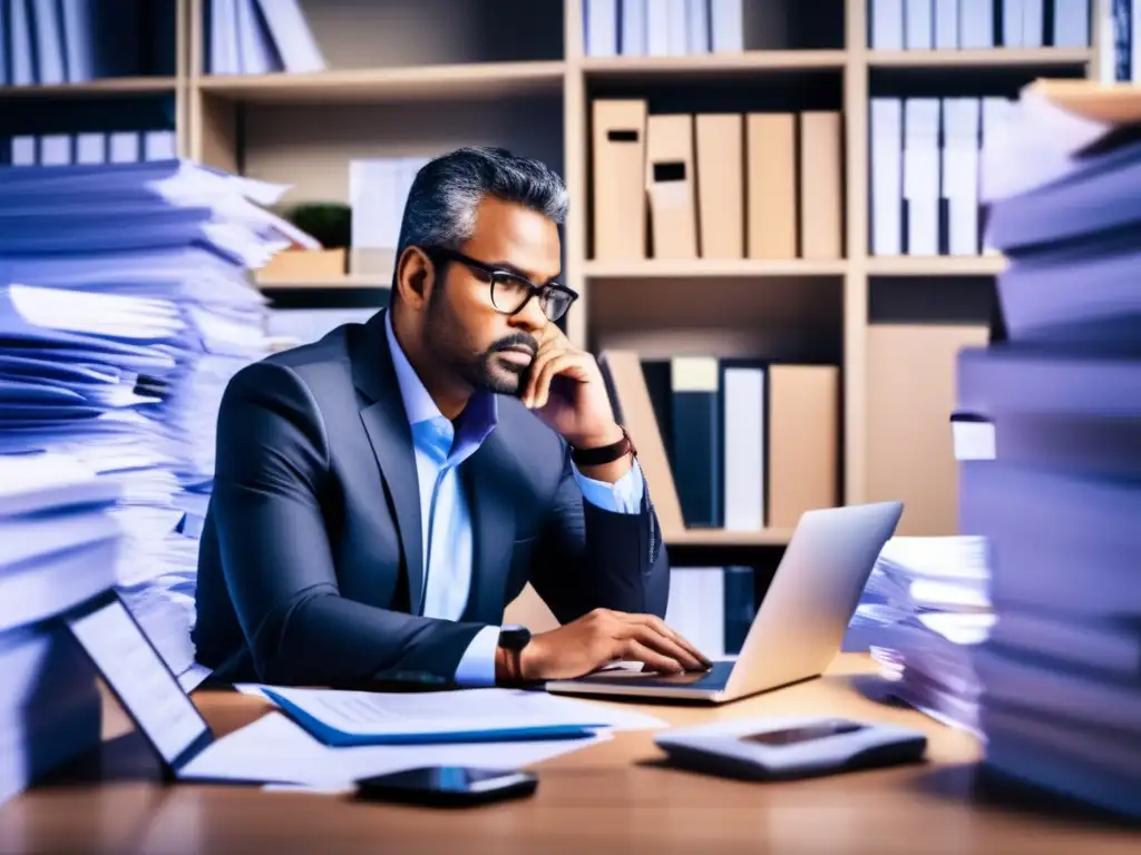 Hombre de negocios analizando inversiones Hombre de negocios analizando timing inversiones, impacto impuestos, en oficina moderna