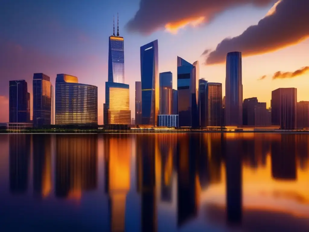 Ciudad moderna y vibrante al atardecer Horizonte urbano moderno y vibrante al atardecer, con rascacielos de vidrio reflejando los tonos dorados del sol