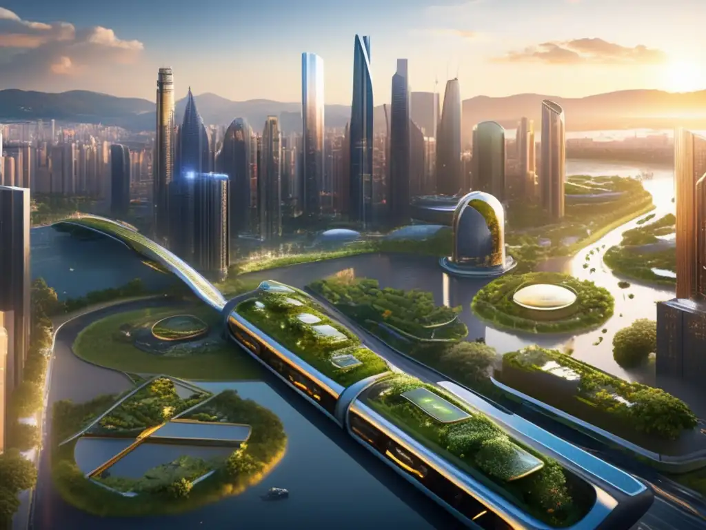 Ciudad sostenible con rascacielos y transporte ecológico Un horizonte urbano vibrante con rascacielos de vidrio brillante reflejando la luz dorada del atardecer