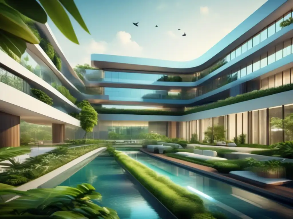 Futurista hospital verde con tecnología avanzada Un hospital futurista rodeado de naturaleza exuberante, con diseño elegante y tecnología avanzada