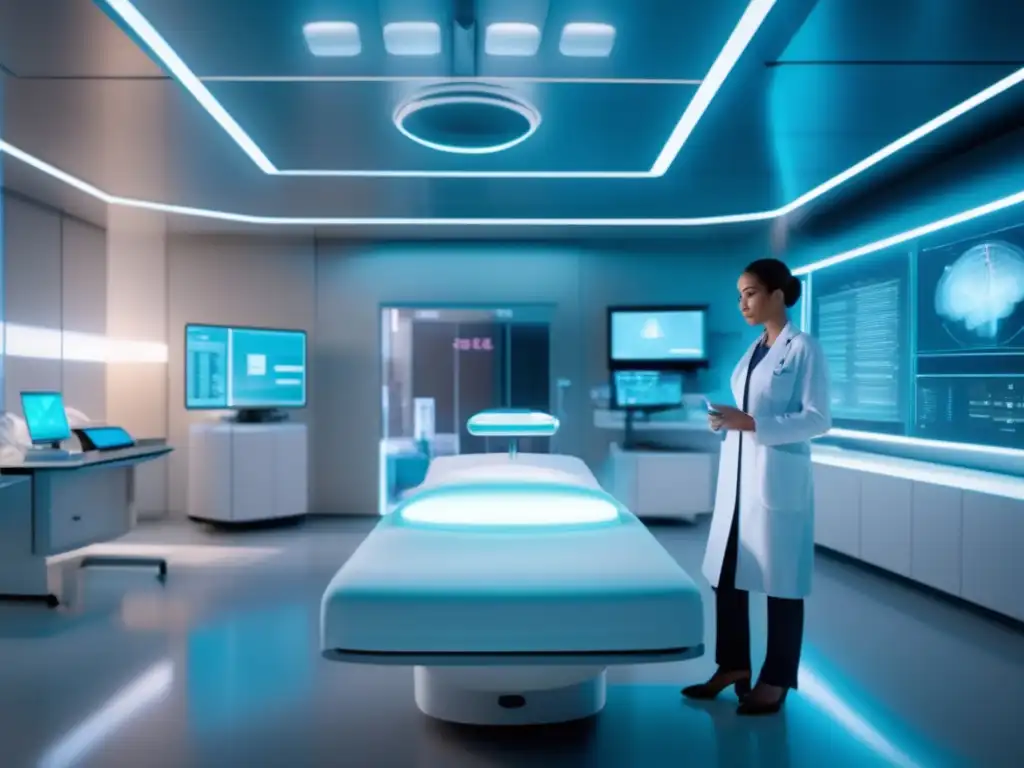 Habitación futurista de hospital con IA Habitación de hospital futurista con tecnología médica de vanguardia y cuidado compasivo, simbolizando la IA en salud