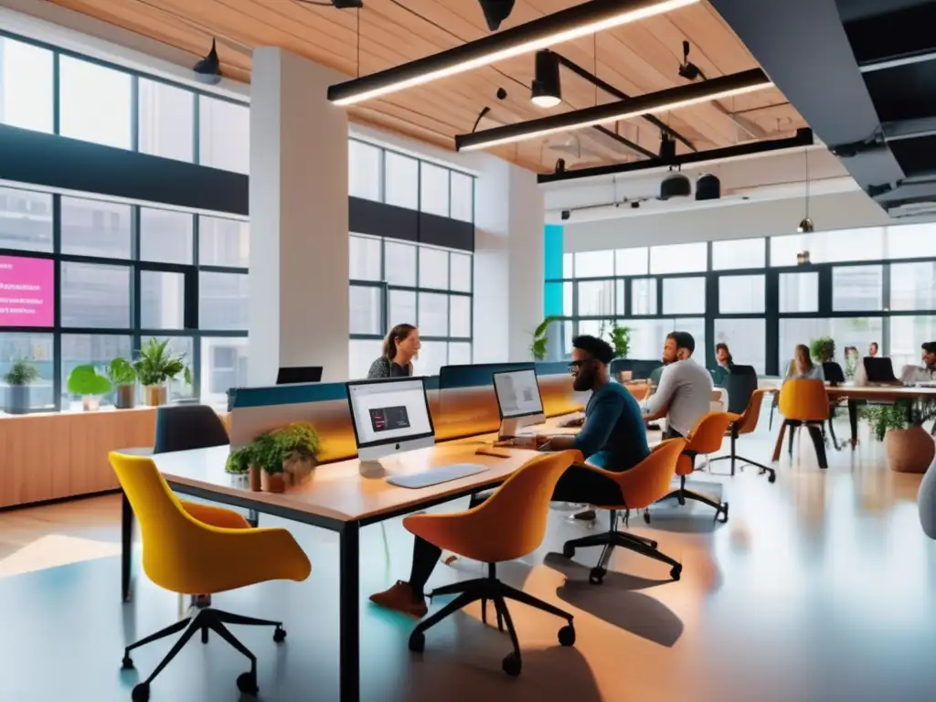 Espacio de coworking vibrante y moderno Hub de startups internacionales: Espacio de trabajo vibrante y energético con estaciones minimalistas, luz natural y emprendedores colaborando